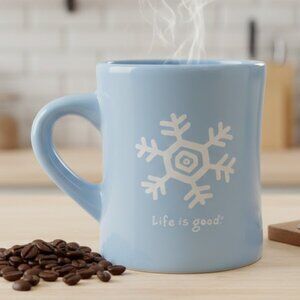 Life is Good Coffee Mug Winter Snowflake Diner Style Powder Blue Ceramic Cup